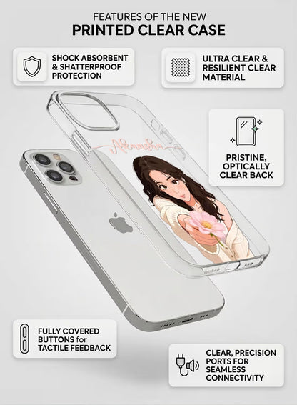 Personalized clear phone case featuring an aesthetic girl holding a pink flower with custom name space on a high-quality silicone cover.