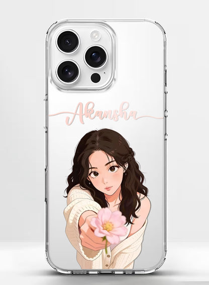 Personalized clear phone case featuring an aesthetic girl holding a pink flower with custom name space on a high-quality silicone cover.