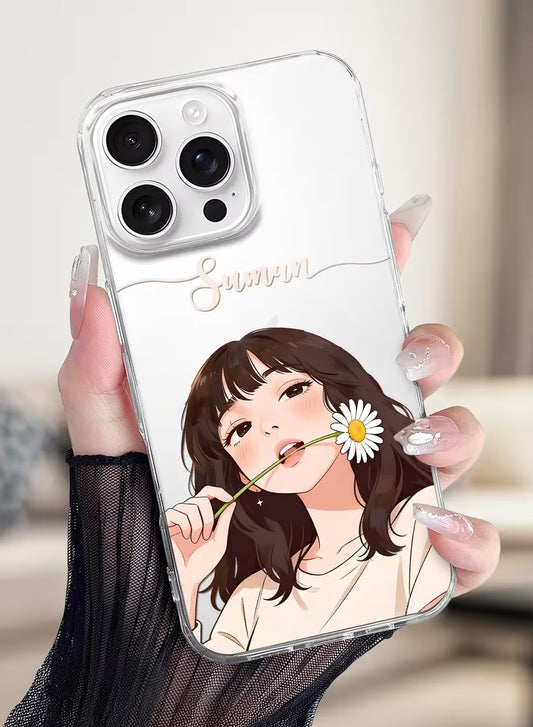 Personalized clear phone case for girls with aesthetic hand-painted girl holding a daisy flower design and custom name.