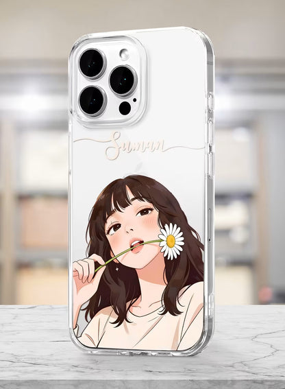 Personalized clear phone case for girls with aesthetic hand-painted girl holding a daisy flower design and custom name.