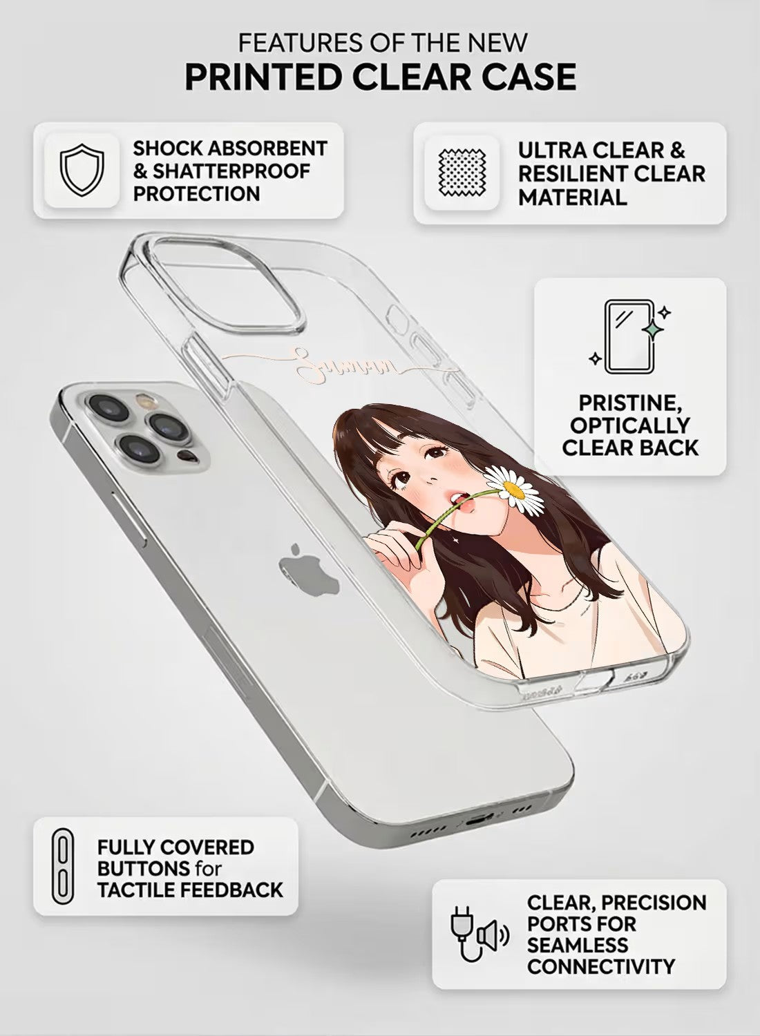 Personalized clear phone case for girls with aesthetic hand-painted girl holding a daisy flower design and custom name.