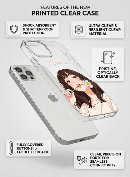 Personalized clear phone case for girls with aesthetic hand-painted girl holding a daisy flower design and custom name.
