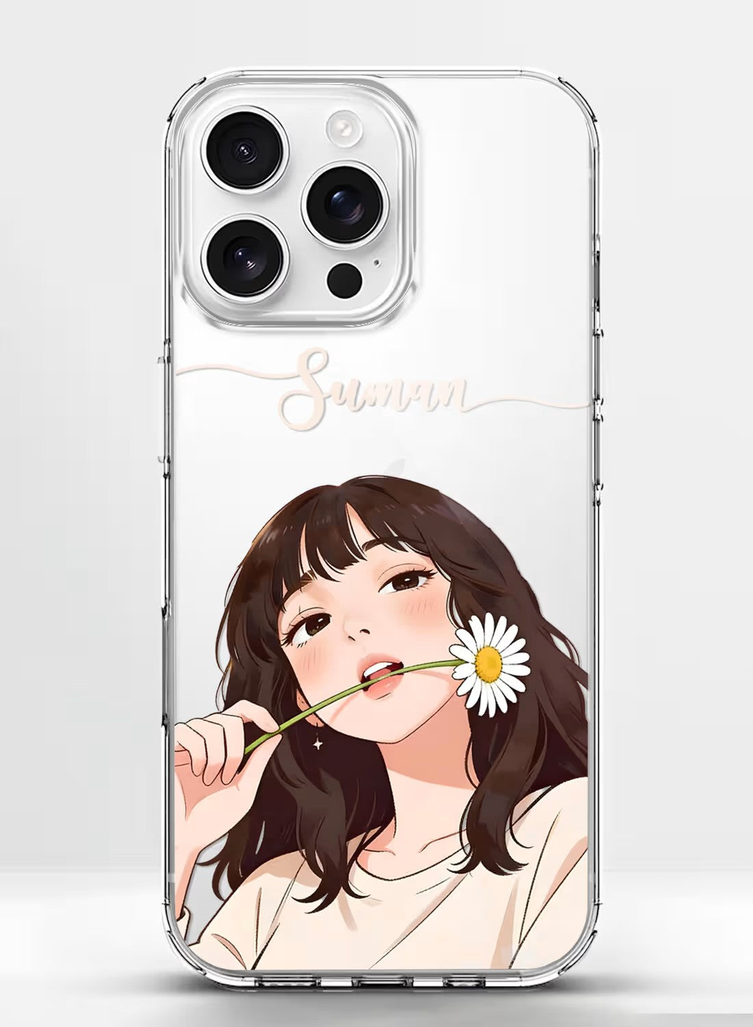 Personalized clear phone case for girls with aesthetic hand-painted girl holding a daisy flower design and custom name.