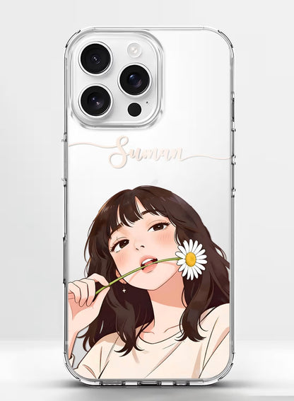 Personalized clear phone case for girls with aesthetic hand-painted girl holding a daisy flower design and custom name.