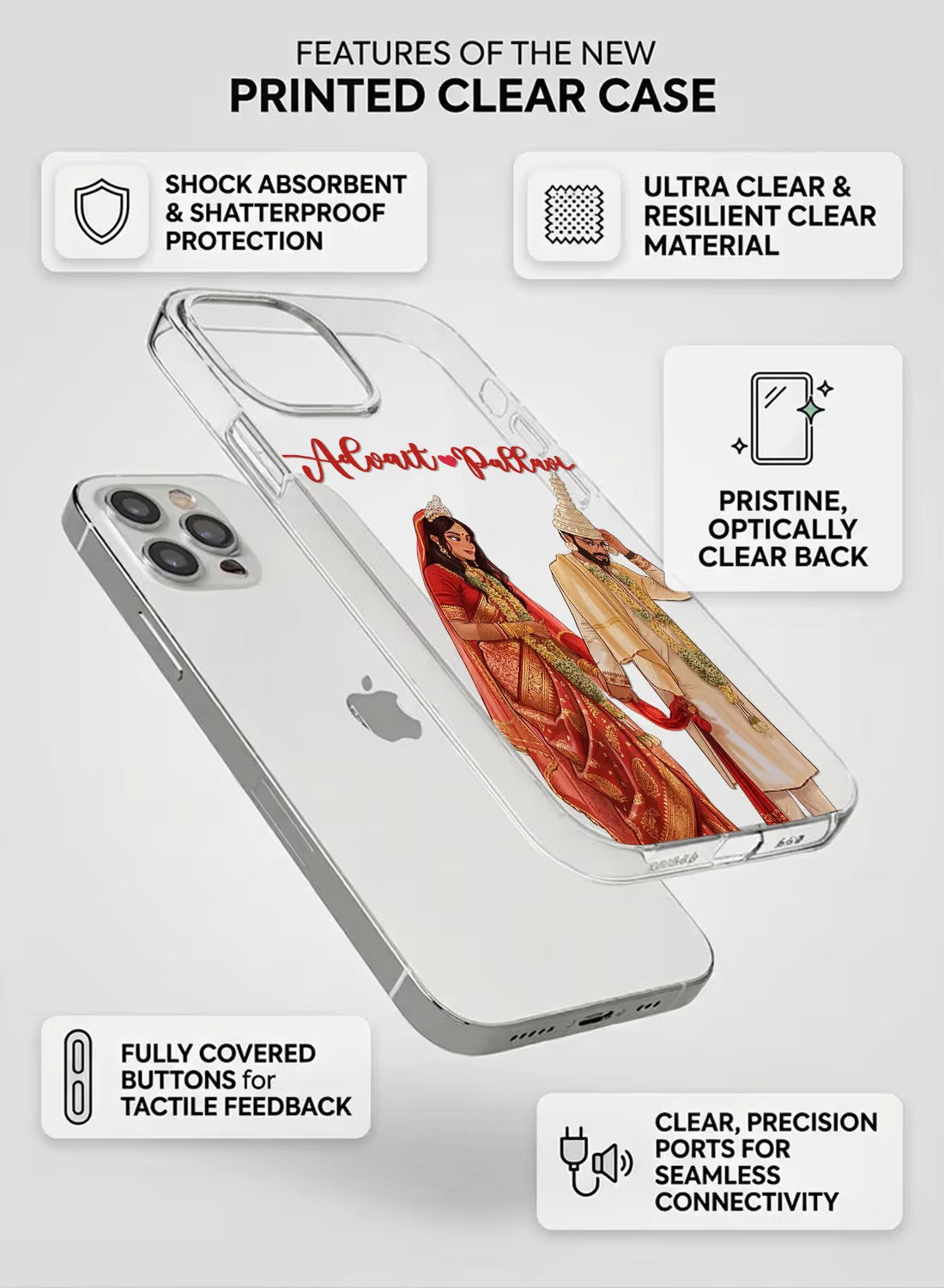 A clear phone case featuring a beautifully detailed illustration of an Indian couple in traditional wedding attire.