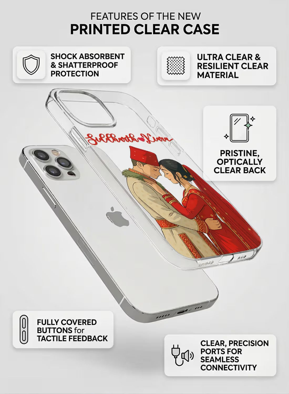 Personalized Indian wedding couple portrait printed on a clear protective silicone phone case for mobile.