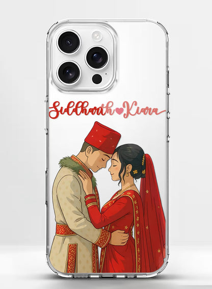 Personalized Indian wedding couple portrait printed on a clear protective silicone phone case for mobile.