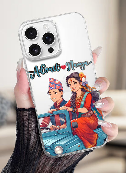 Personalized clear phone case featuring a couple in traditional Nepali dress riding a jeep with customizable name option.