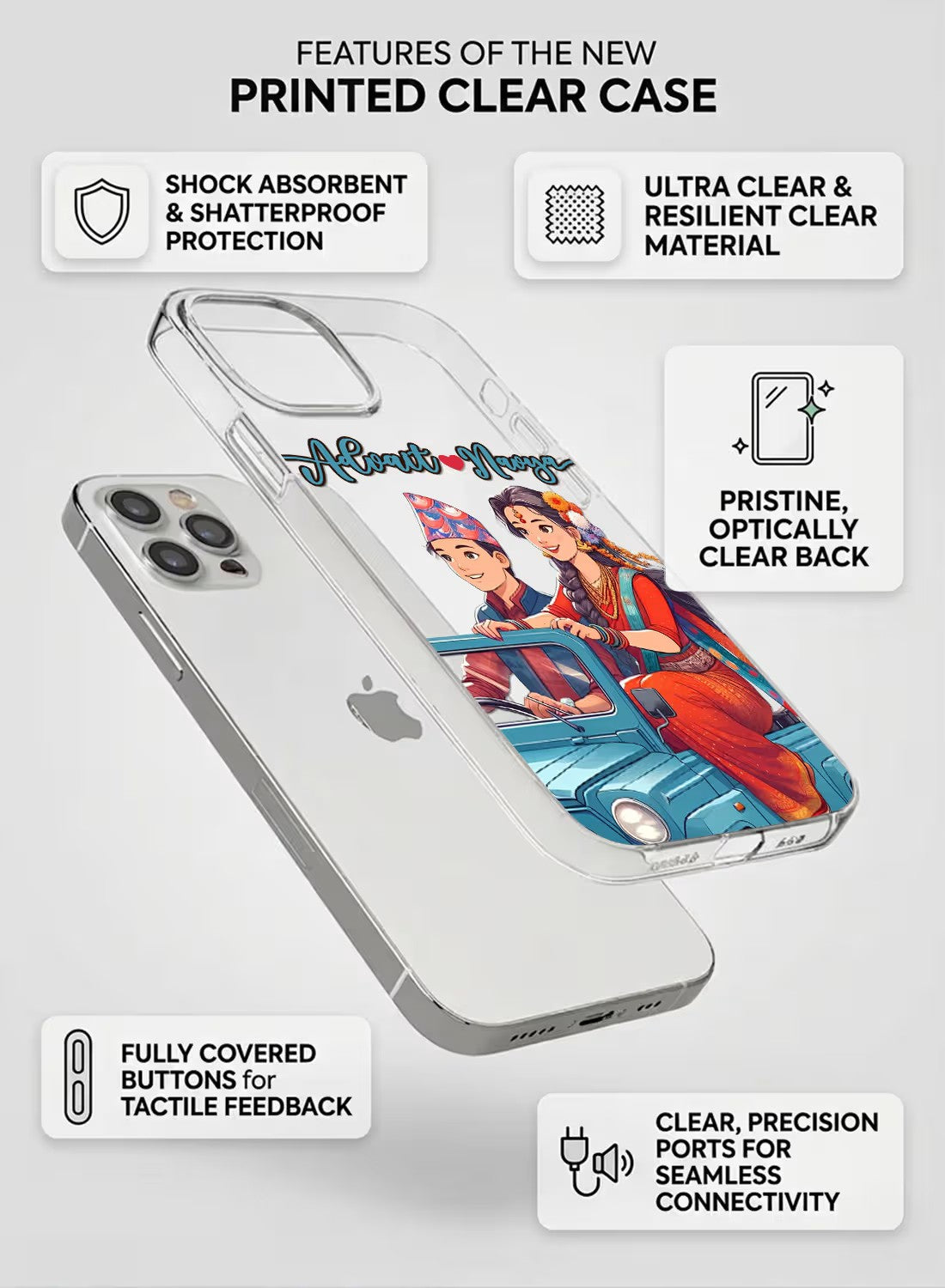 Personalized clear phone case featuring a couple in traditional Nepali dress riding a jeep with customizable name option.