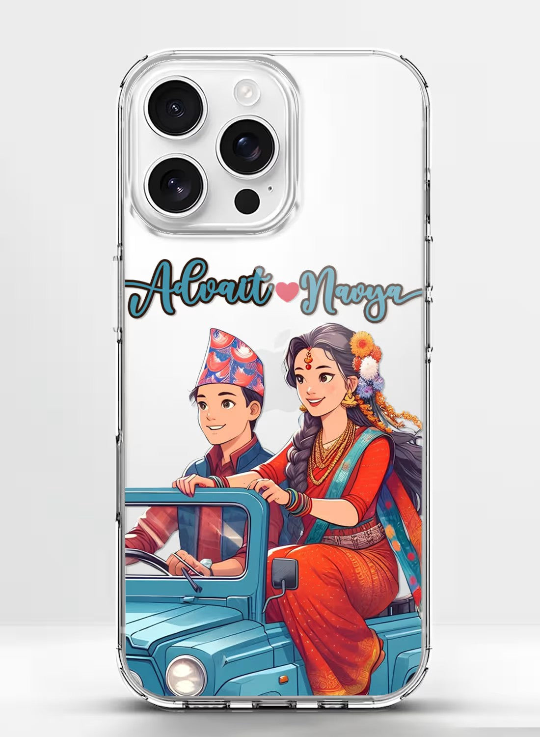 Personalized clear phone case featuring a couple in traditional Nepali dress riding a jeep with customizable name option.