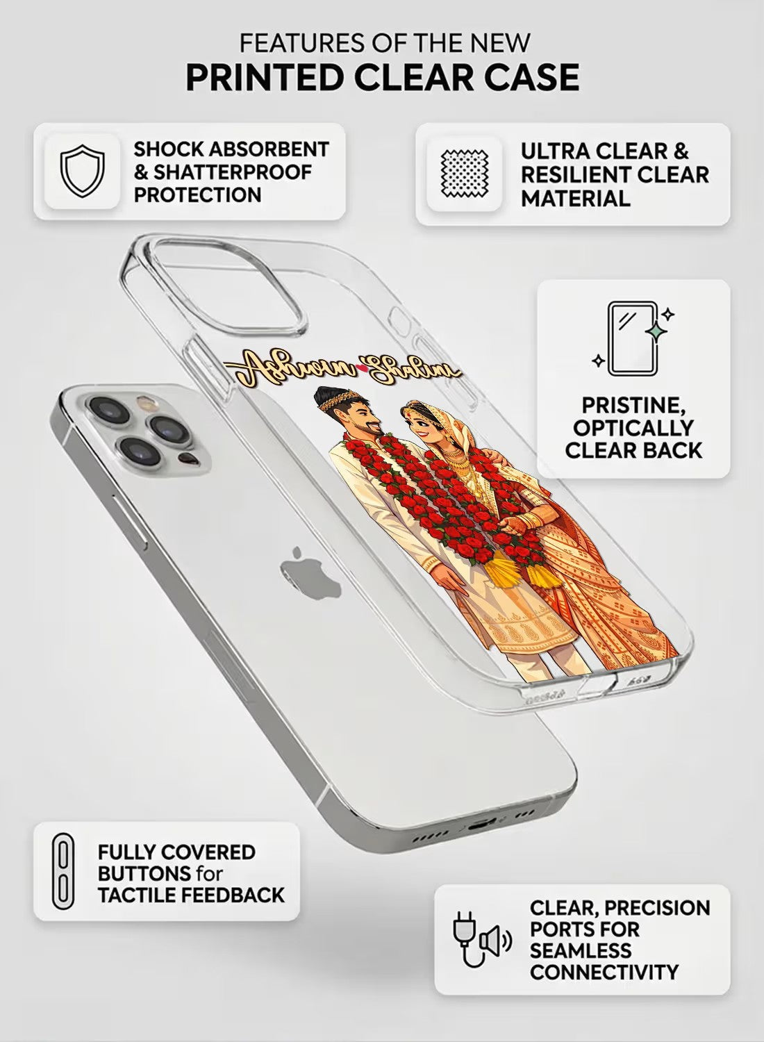 Personalized Indian wedding couple portrait printed on a slim, shock-absorbent clear silicone back phone cover.