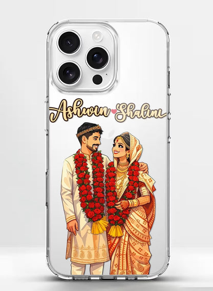 Personalized Indian wedding couple portrait printed on a slim, shock-absorbent clear silicone back phone cover.