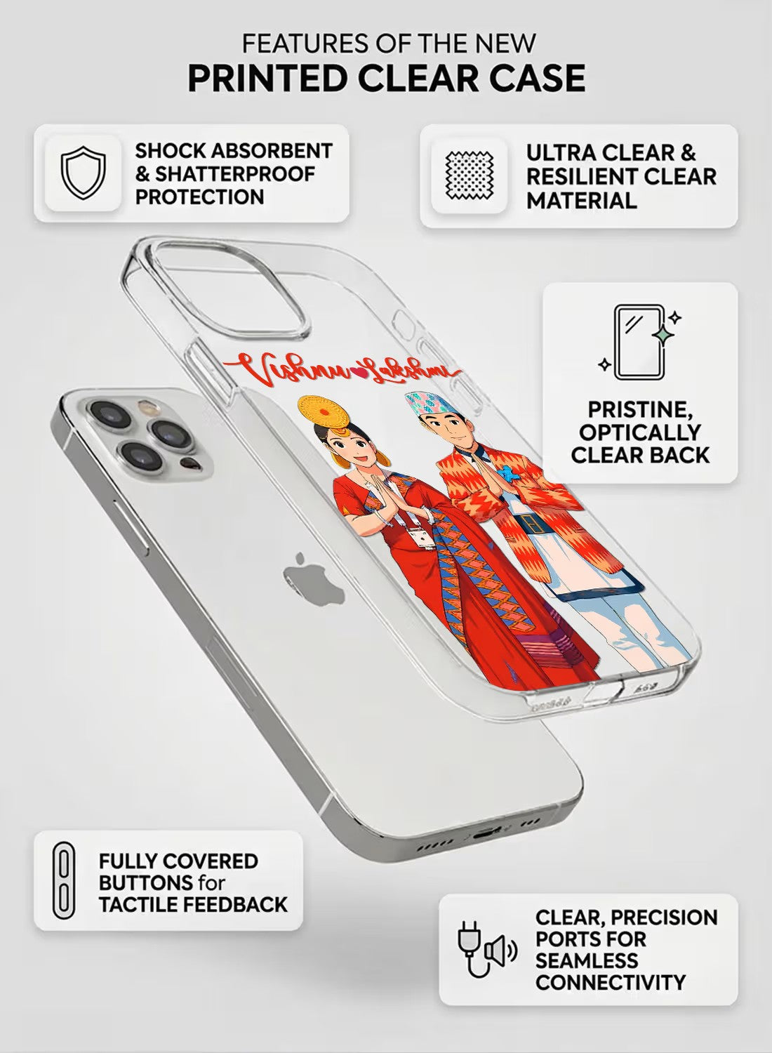 Personalized clear phone case featuring a traditional Nepali couple in ethnic attire with custom name text.