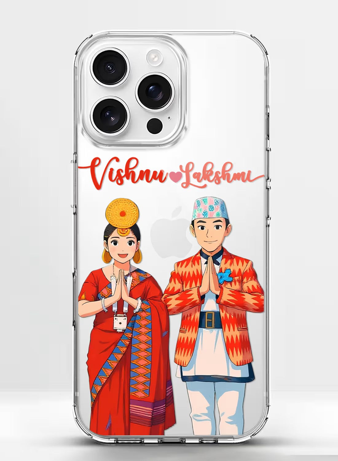 Personalized clear phone case featuring a traditional Nepali couple in ethnic attire with custom name text.