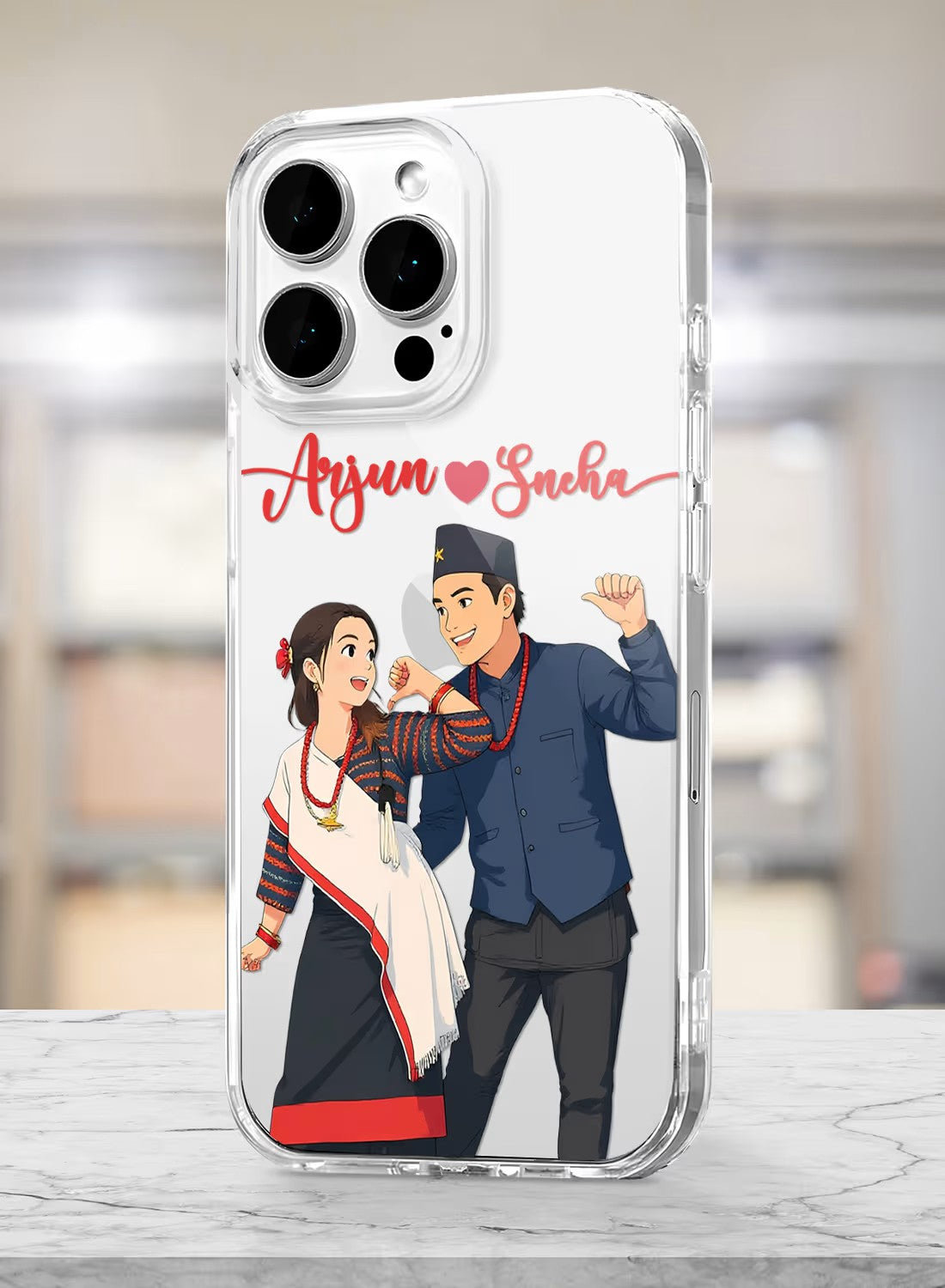 Personalized traditional Nepali couple portrait printed on a clear shockproof silicone phone cover for couples.