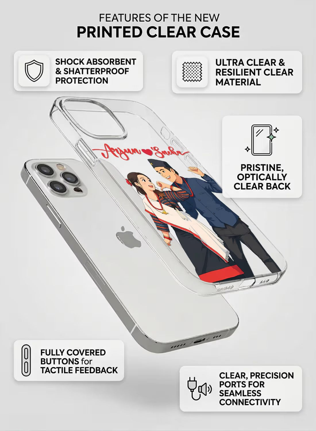 Personalized traditional Nepali couple portrait printed on a clear shockproof silicone phone cover for couples.