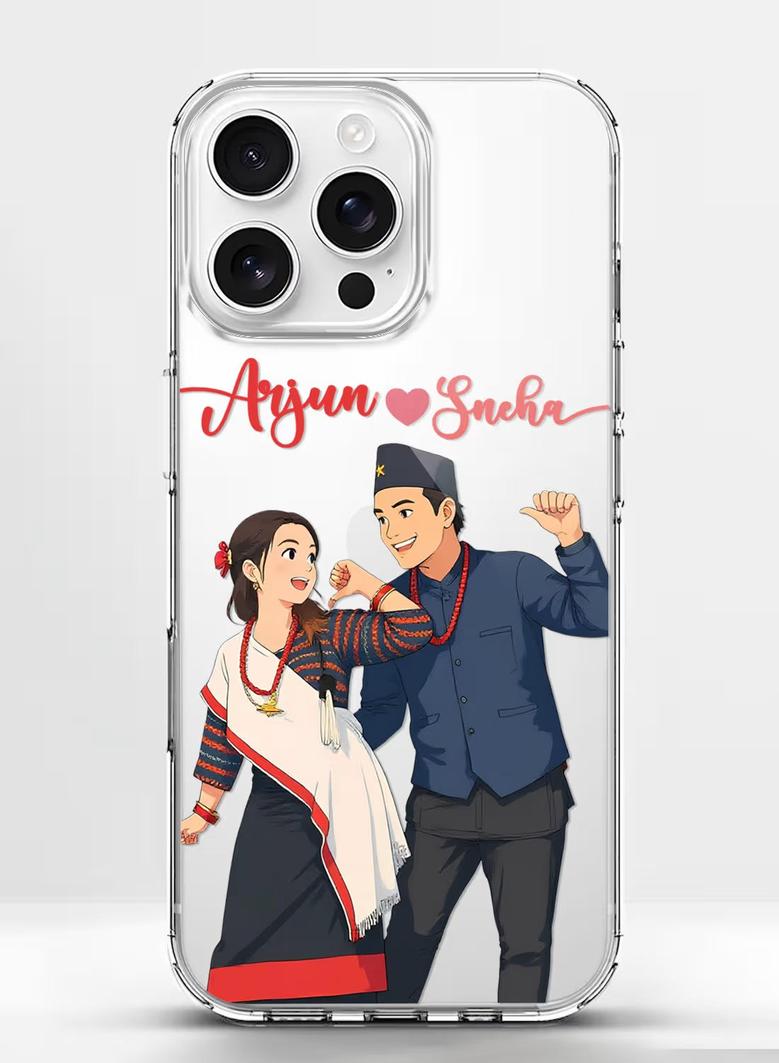 Personalized traditional Nepali couple portrait printed on a clear shockproof silicone phone cover for couples.