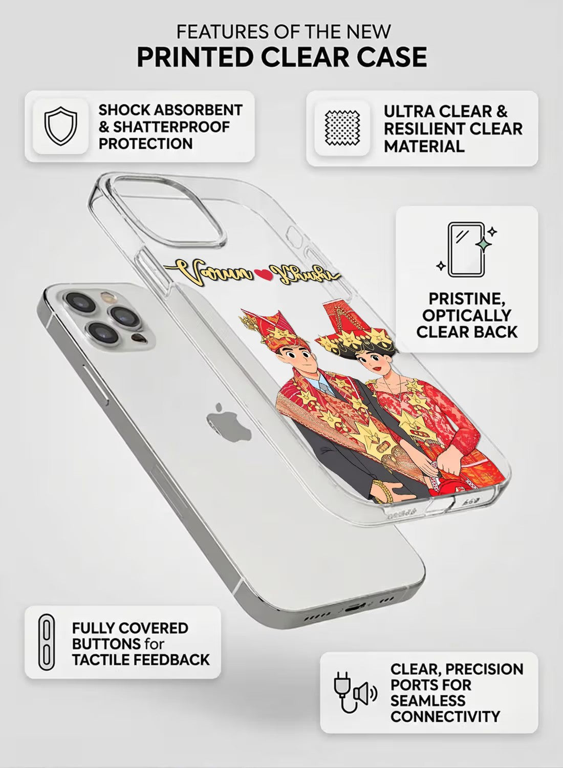 Clear silicone phone case featuring a personalized traditional wedding couple portrait with vibrant UV print for iPhone.