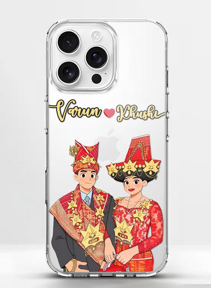 Clear silicone phone case featuring a personalized traditional wedding couple portrait with vibrant UV print for iPhone.