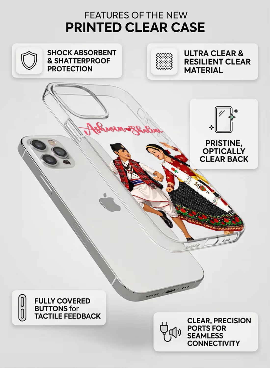 Personalized clear phone case featuring a couple in traditional Nepali clothing with a custom name option.