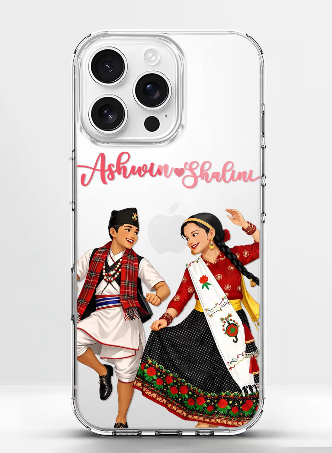 Personalized clear phone case featuring a couple in traditional Nepali clothing with a custom name option.