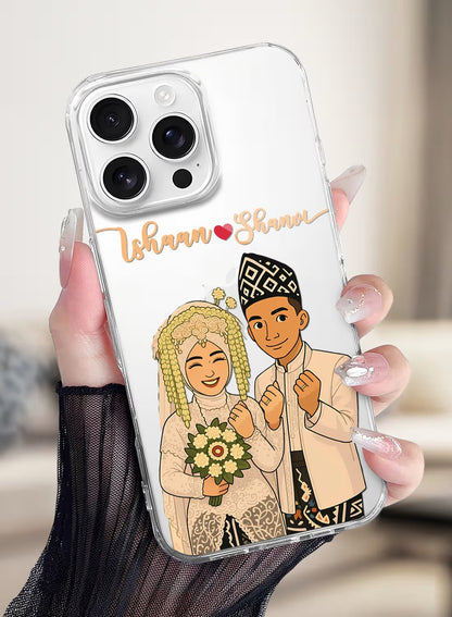 Personalized clear phone case featuring a hand-drawn style traditional wedding couple illustration.