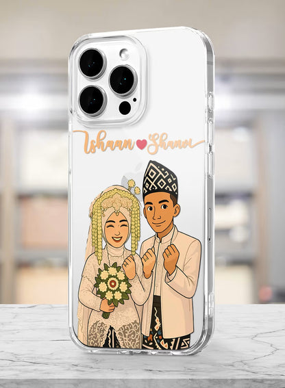 Personalized clear phone case featuring a hand-drawn style traditional wedding couple illustration.