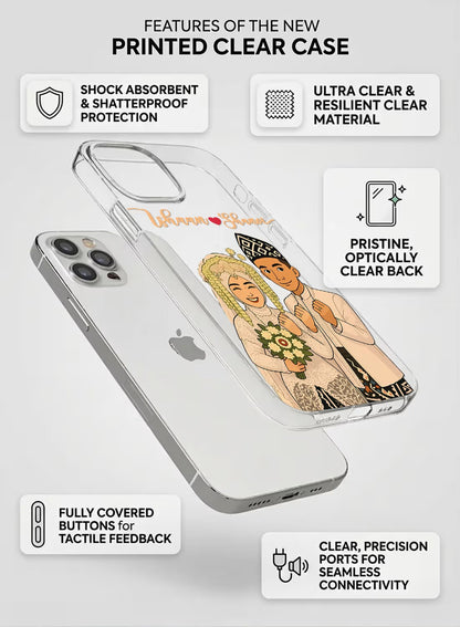 Personalized clear phone case featuring a hand-drawn style traditional wedding couple illustration.