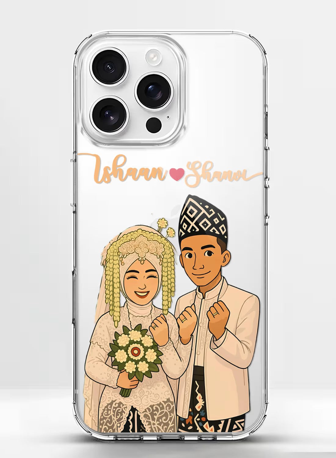 Personalized clear phone case featuring a hand-drawn style traditional wedding couple illustration.