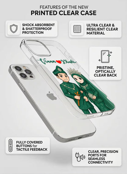 Personalized traditional wedding couple illustration on a clear silicone phone case with custom name option.