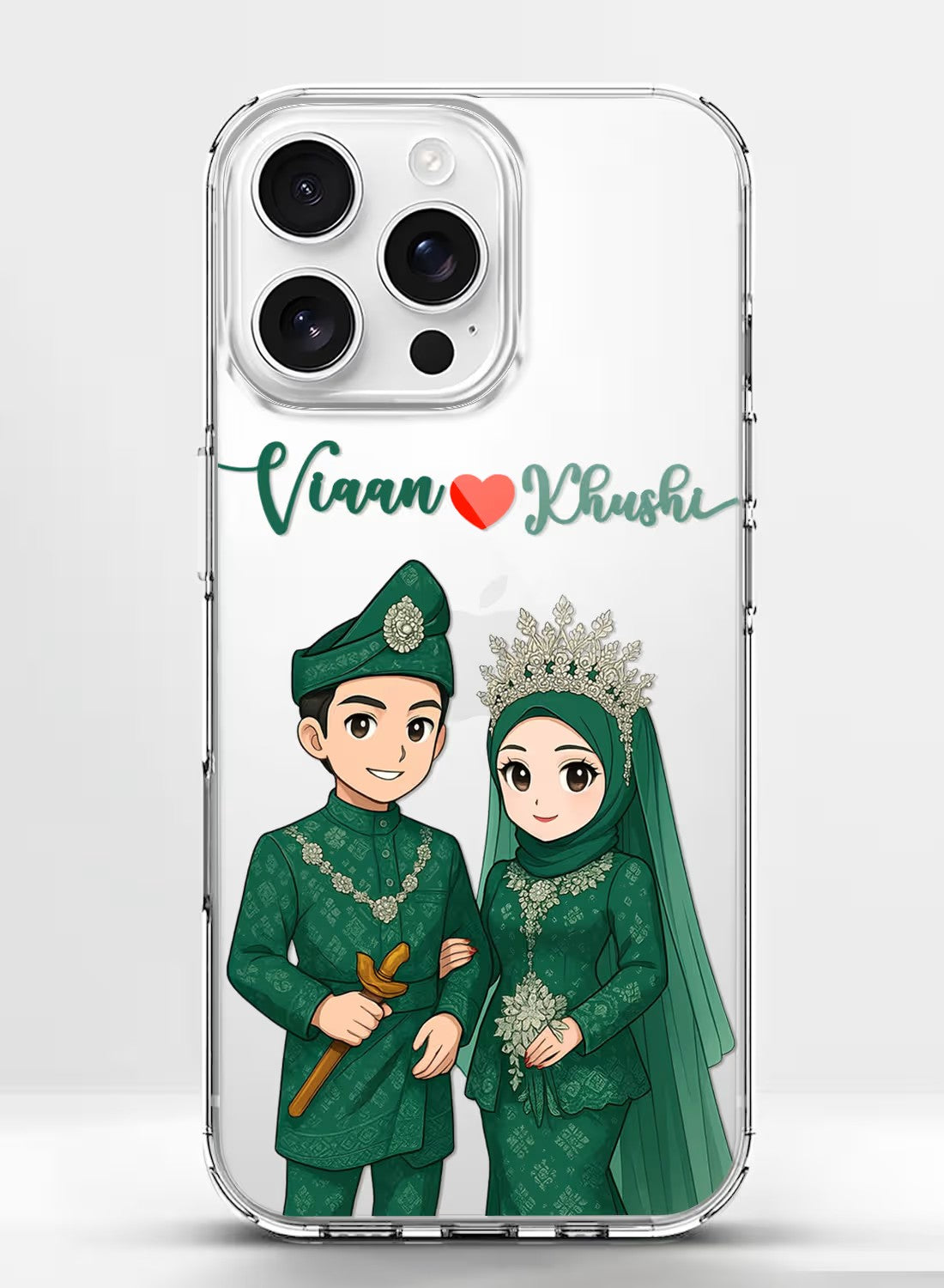 Personalized traditional wedding couple illustration on a clear silicone phone case with custom name option.
