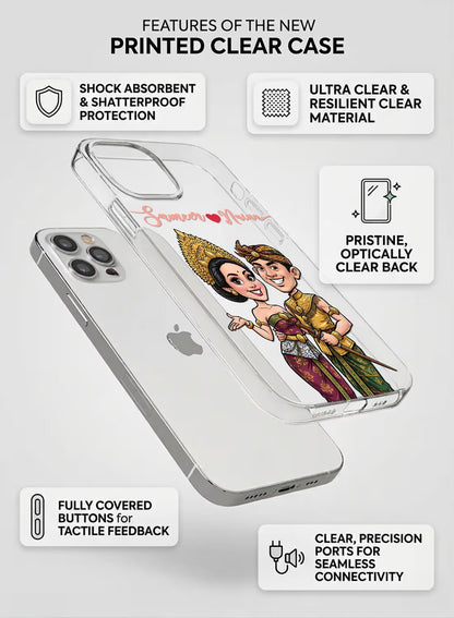 Personalized clear phone case featuring a traditional ethnic wedding couple portrait with custom name space.