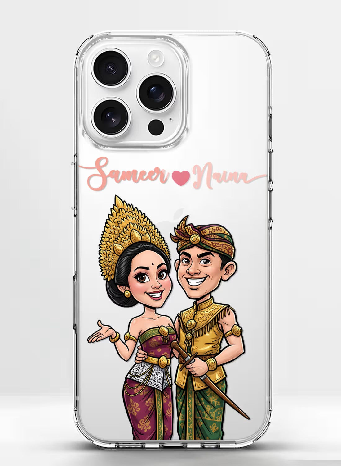 Personalized clear phone case featuring a traditional ethnic wedding couple portrait with custom name space.