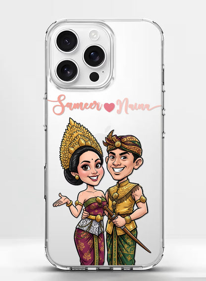 Personalized clear phone case featuring a traditional ethnic wedding couple portrait with custom name space.