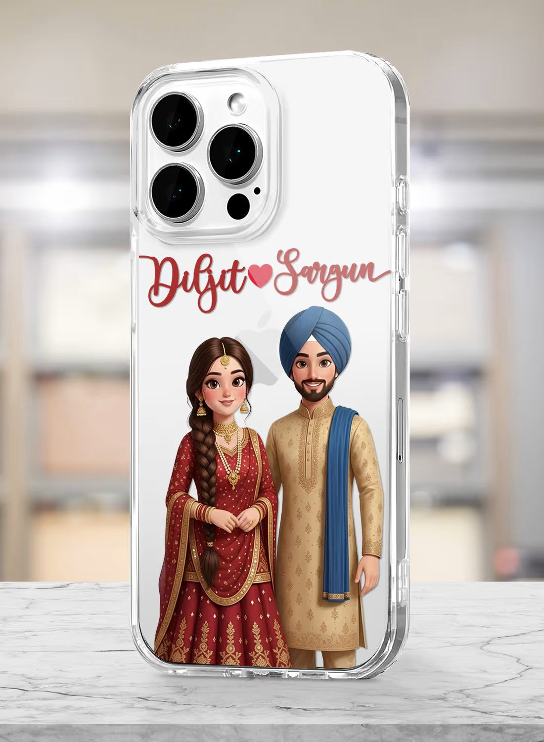Personalized clear phone case featuring a traditional Indian bride and groom couple portrait with custom text space.