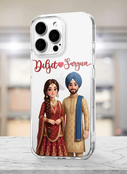 Personalized clear phone case featuring a traditional Indian bride and groom couple portrait with custom text space.