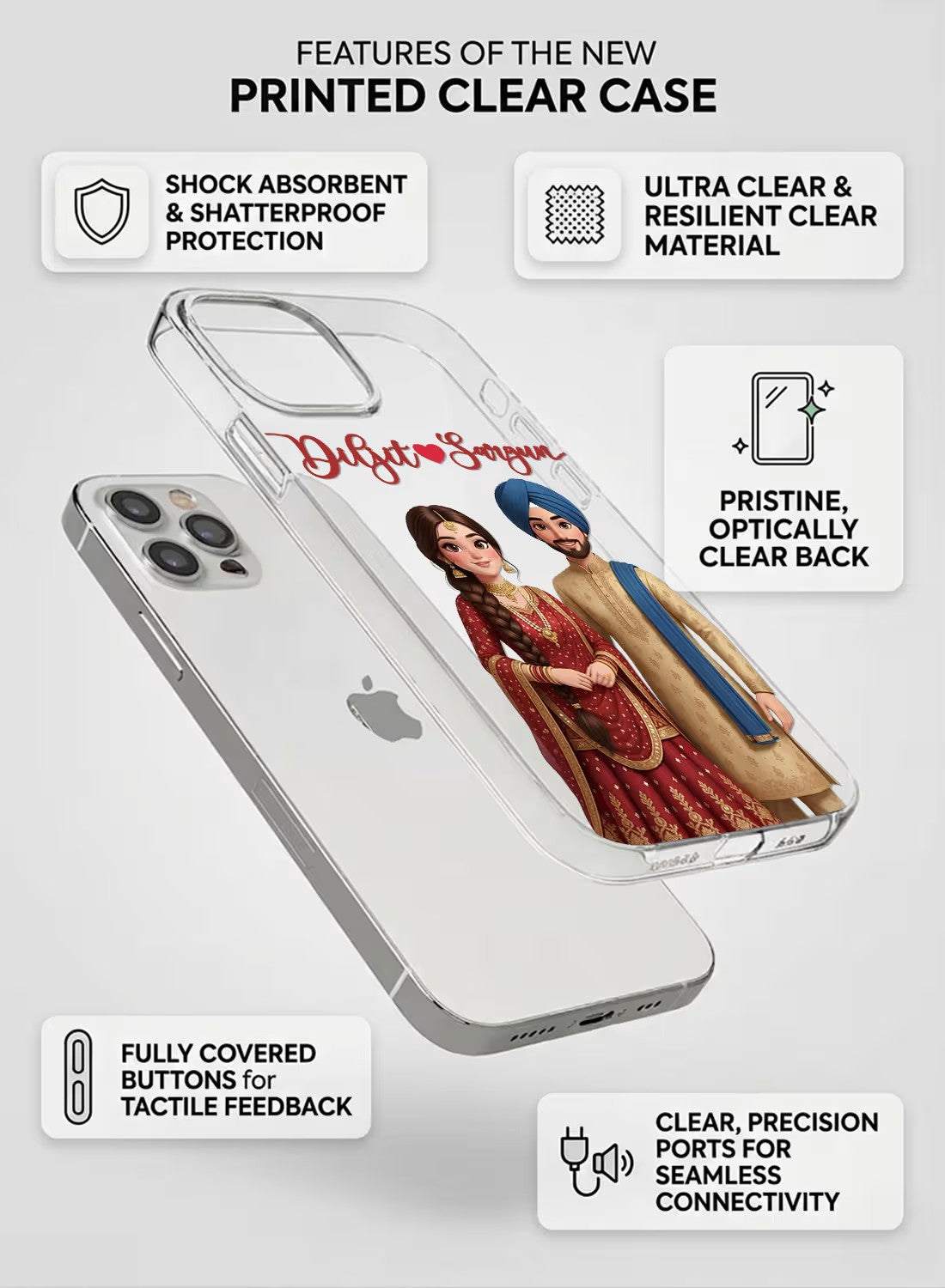 Personalized clear phone case featuring a traditional Indian bride and groom couple portrait with custom text space.