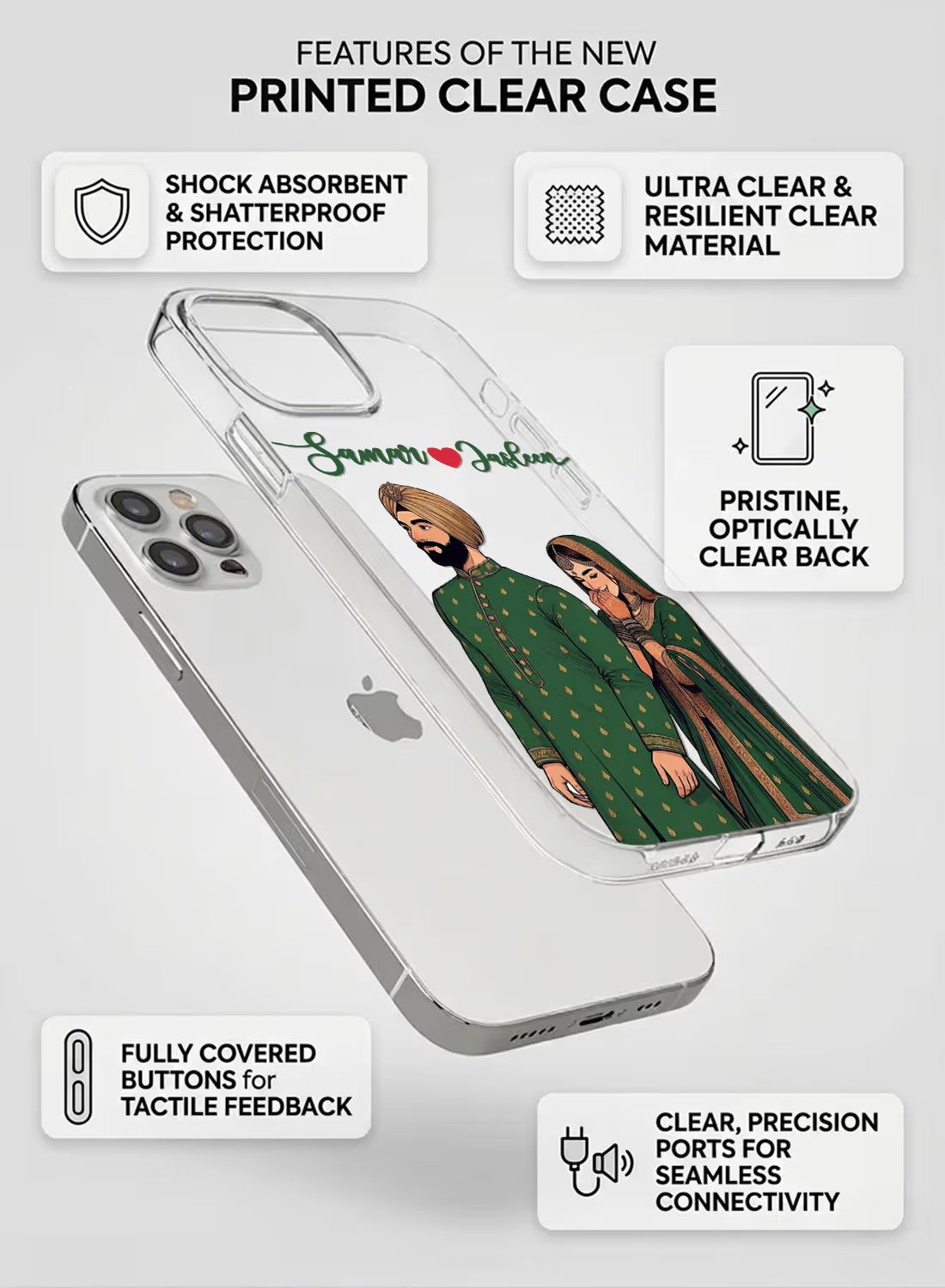 Personalized Indian wedding couple portrait clear silicone phone case with custom name and traditional green ethnic attire.