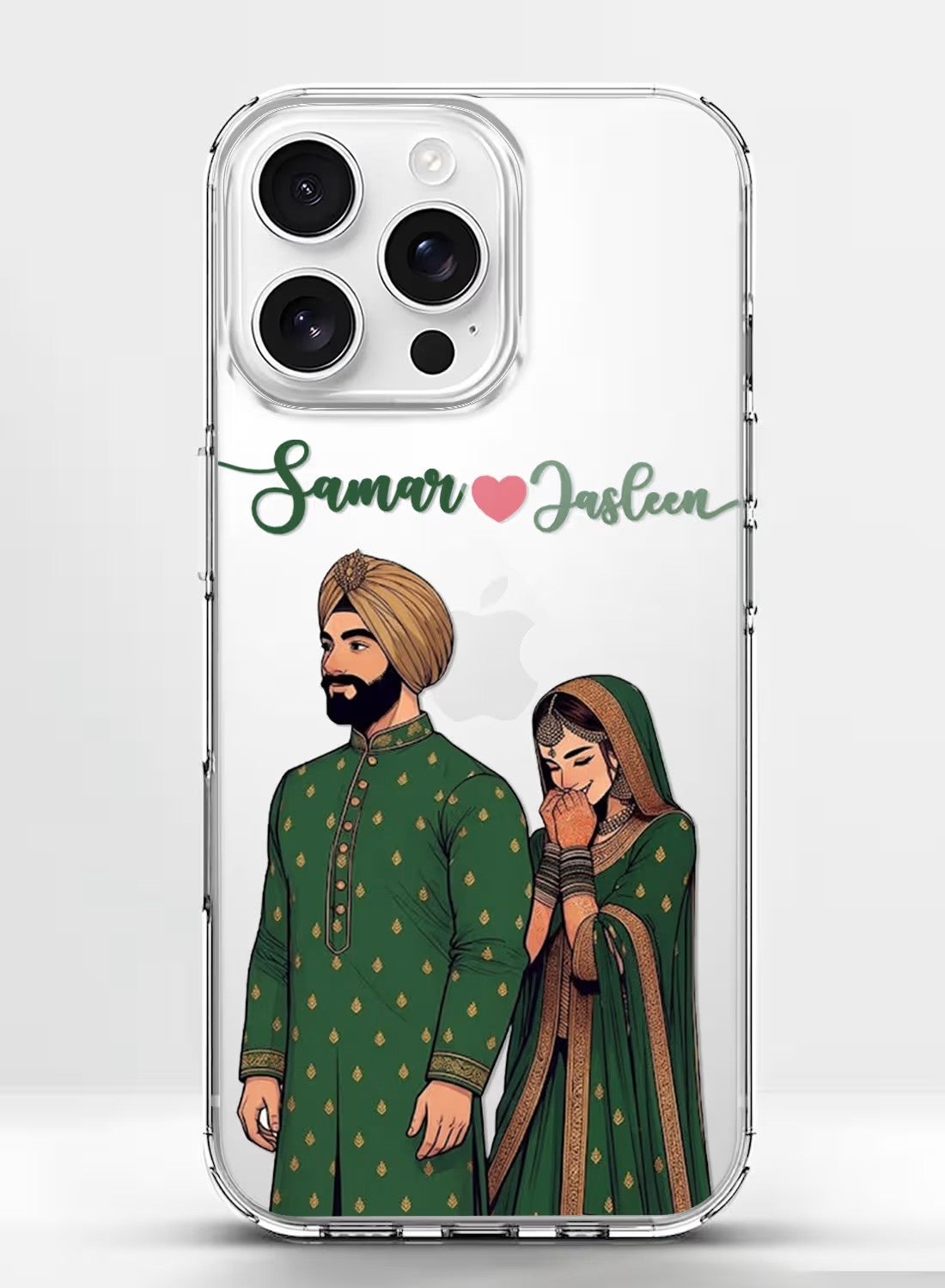 Personalized Indian wedding couple portrait clear silicone phone case with custom name and traditional green ethnic attire.