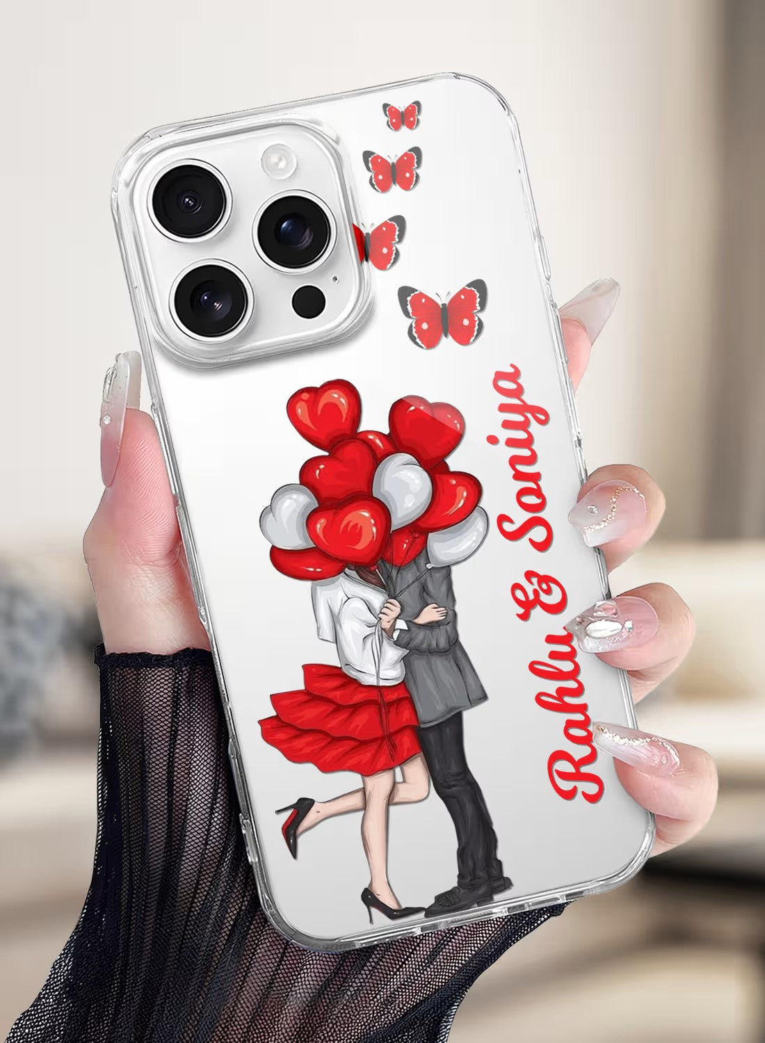 Personalized clear phone case featuring a romantic couple with heart balloons and red butterflies, custom name option.