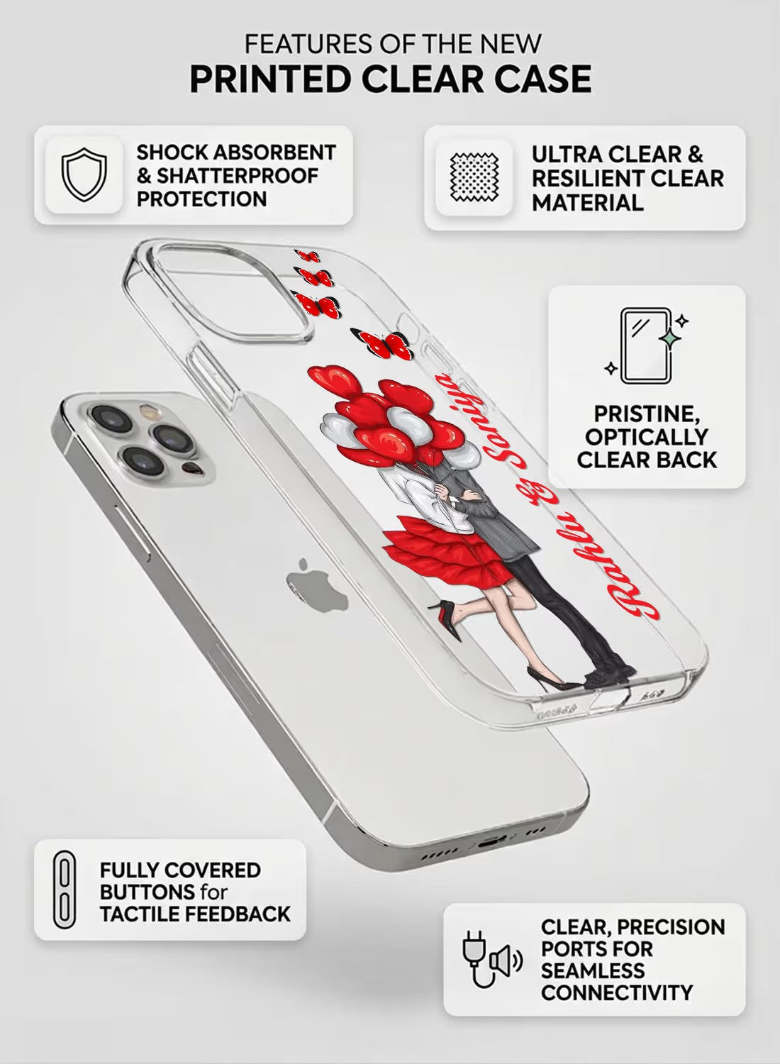 Personalized clear phone case featuring a romantic couple with heart balloons and red butterflies, custom name option.
