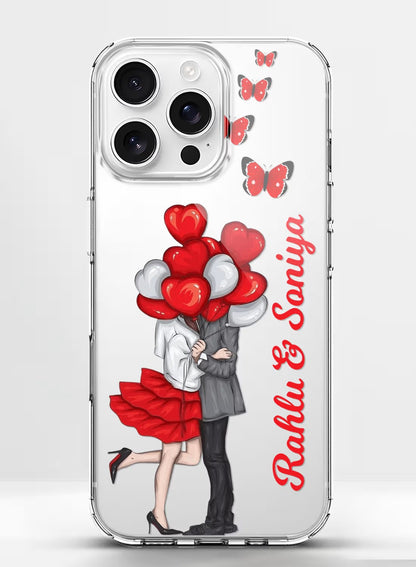Personalized clear phone case featuring a romantic couple with heart balloons and red butterflies, custom name option.
