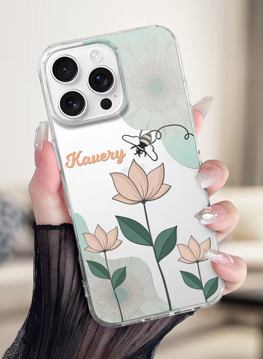 Personalized clear phone cover with a cute bee and pastel flower botanical design, featuring a custom name option.