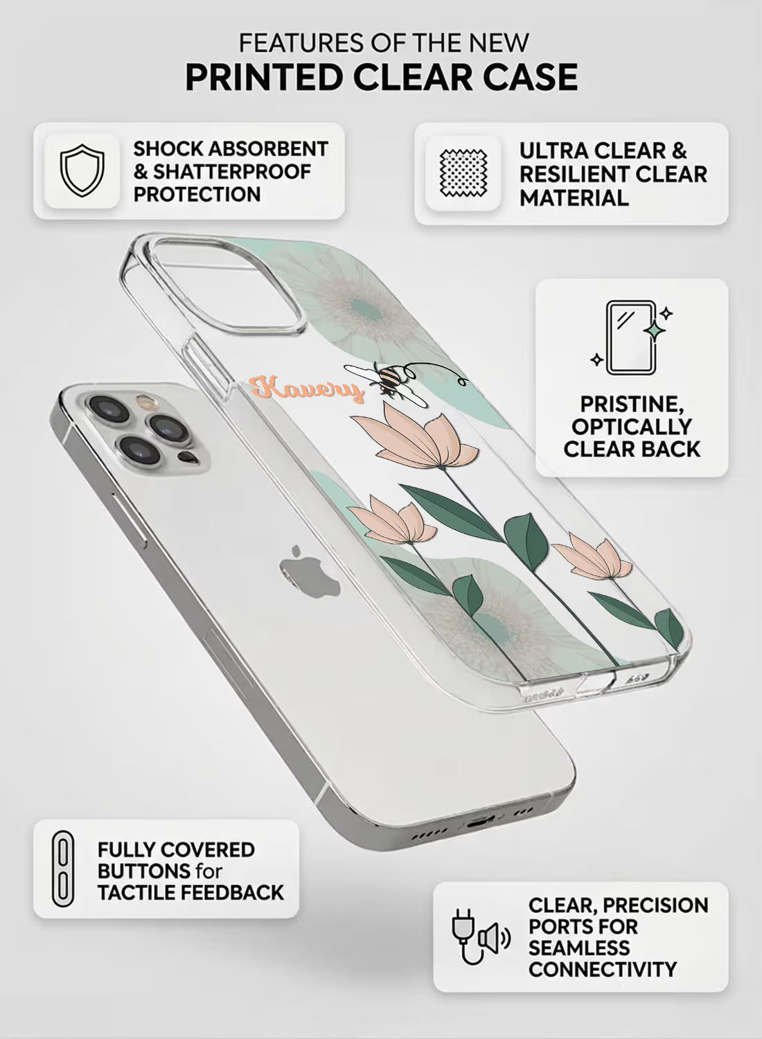 Personalized clear phone cover with a cute bee and pastel flower botanical design, featuring a custom name option.