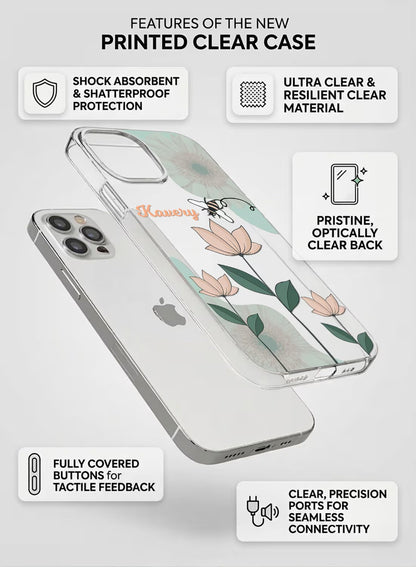 Personalized clear phone cover with a cute bee and pastel flower botanical design, featuring a custom name option.