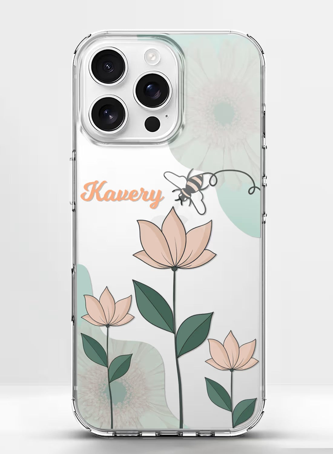 Personalized clear phone cover with a cute bee and pastel flower botanical design, featuring a custom name option.