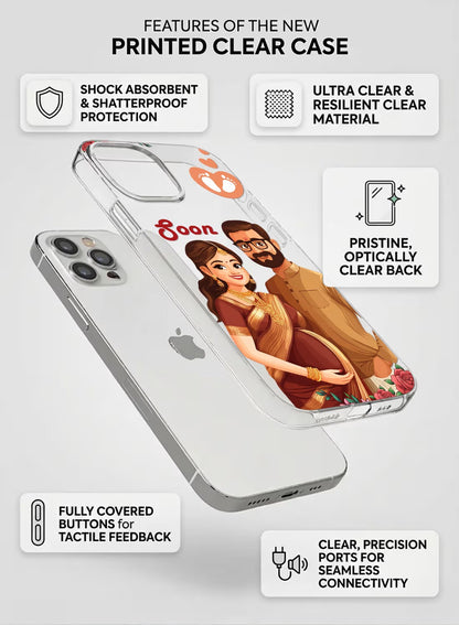 Personalized Indian expectant couple portrait clear phone case with baby footprint and floral design for iPhone.