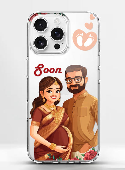 Personalized Indian expectant couple portrait clear phone case with baby footprint and floral design for iPhone.