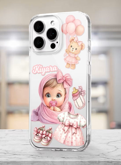 Personalized baby girl theme custom name clear silicone phone case with teddy bear and pink dress aesthetic illustration.