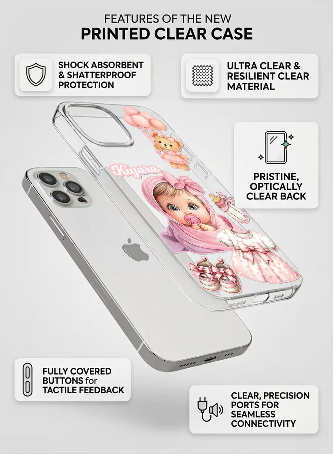 Personalized baby girl theme custom name clear silicone phone case with teddy bear and pink dress aesthetic illustration.